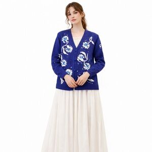 Y2K Floral Cardigan Sweater Cottagecore Medium Vintage hand knit Susan Bristol